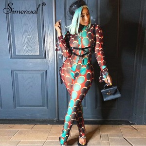 Simenual Mesh Printed See Through Hot Rompers Womens Jumpsuit Bodycon Sexy Partywear Flare Long Sleeve Hollow Out Jumpsuits 2020